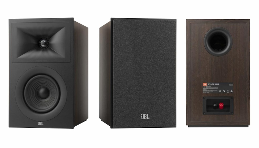 Caixa de som JBL Stage 2 300B com visualização frontal, com grade e traseira

