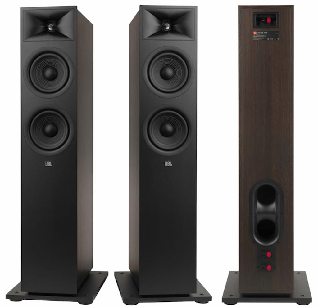 Caixas de som torre JBL Stage 2 com dupla de woofers e acabamento em madeira