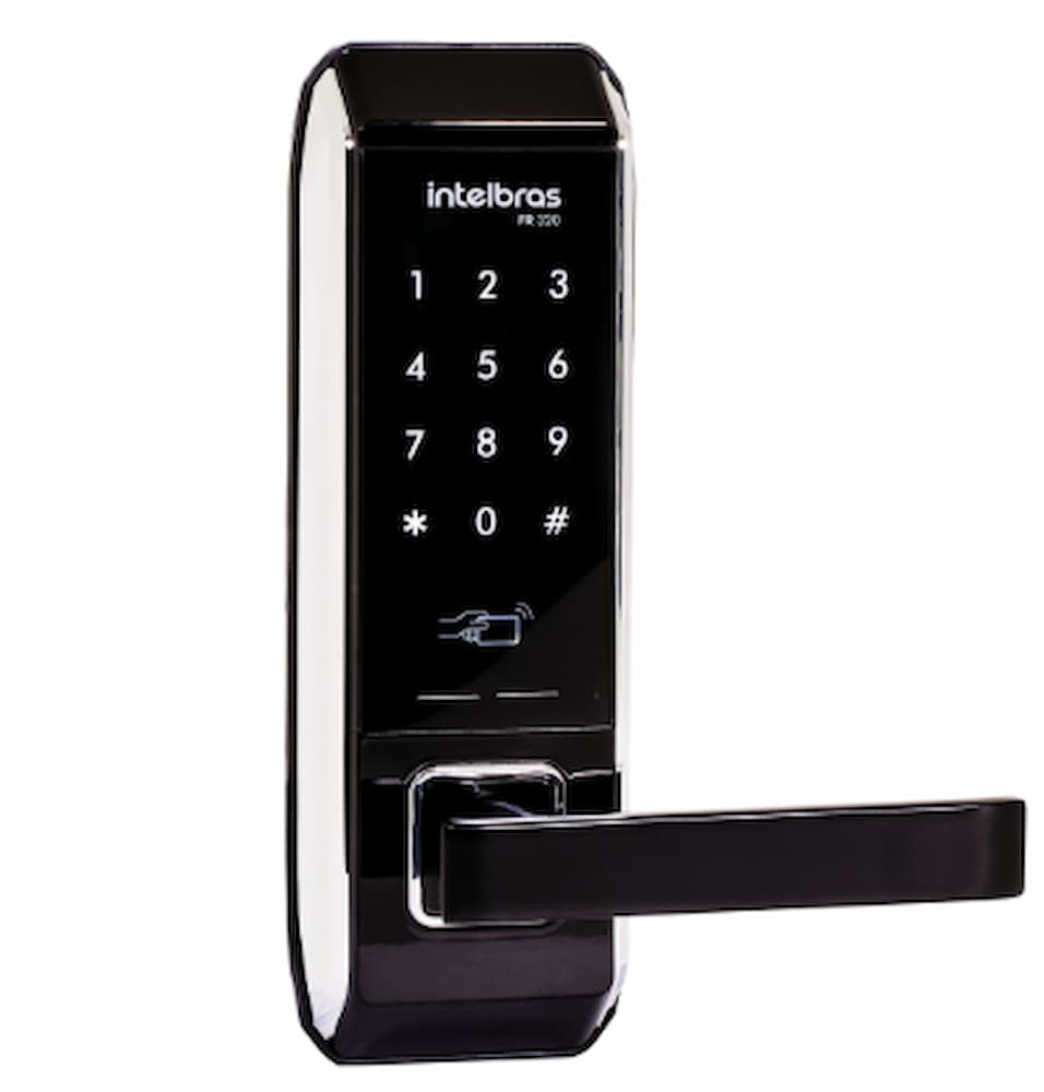 Fechadura digital Intelbras FR 320 com teclado numérico e leitor de cartão.


