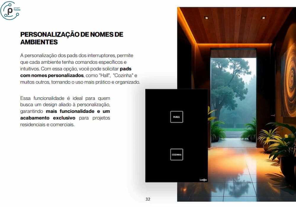 Interruptor preto com botões nomeados “Hall” e “Cozinha” instalado em hall de entrada moderno e elegante.