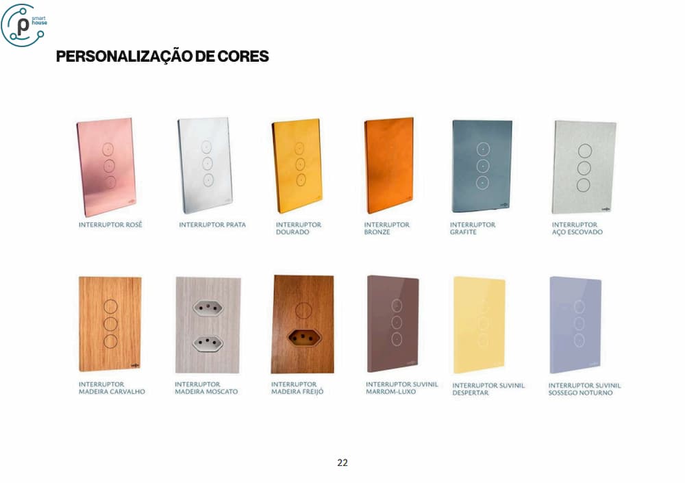 Interruptores personalizáveis em diversas cores e acabamentos, incluindo metálicos, madeiras e tons exclusivos Suvinil.