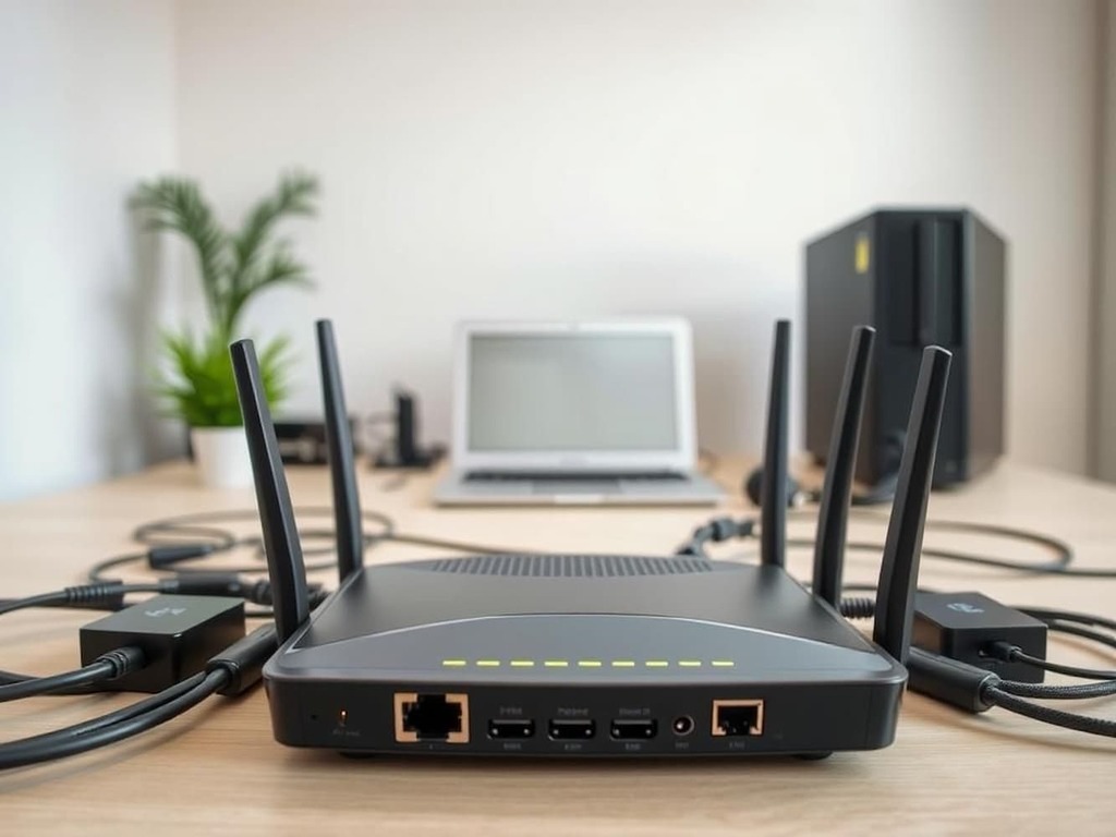 Roteador com cabos conectados sobre uma mesa ao lado de notebook e servidor.

